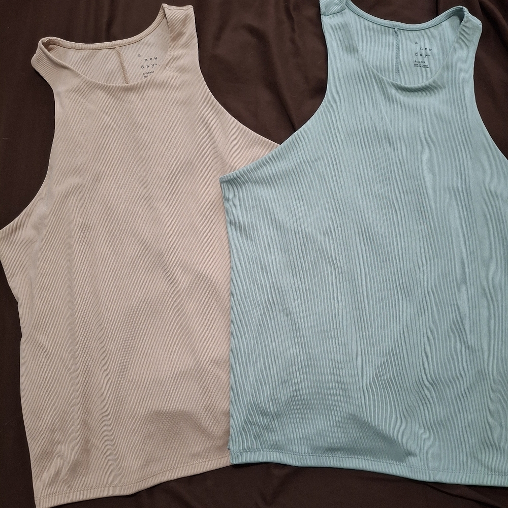 A New Day Set of Two Sleeveless Ribbed Tops in Beige and Sage Green